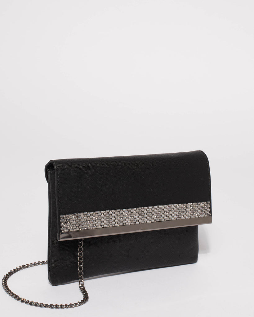 Black Glam Panel Clutch With Gunmetal Hardware