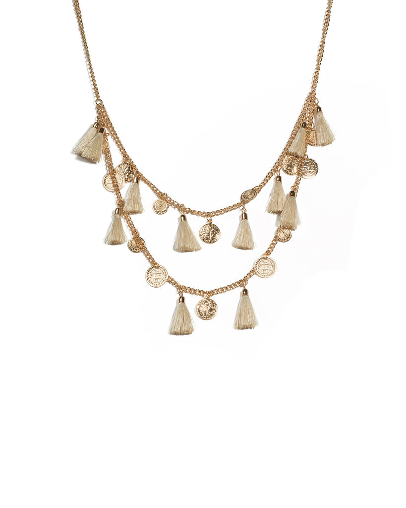 Ivory Gold Tone Disk And Tassel Layered Necklace