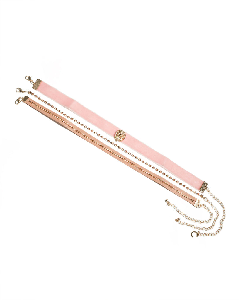 Pink Gold Tone Lion Velvet Choker Necklace Pack