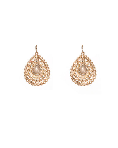 Pink Gold Tone Filigree Teardrop Stone Drop Earrings