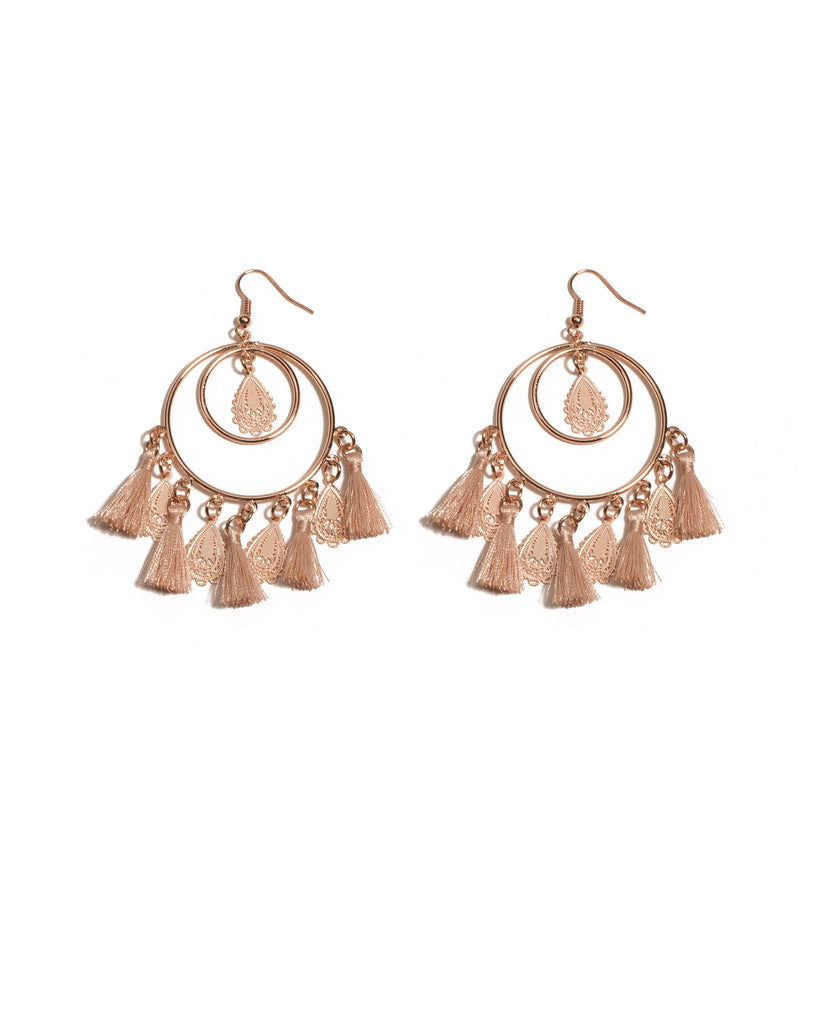 Pink Rose Gold Tone Circle Filigree Tassel Drop Earrings