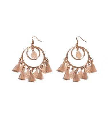 Pink Rose Gold Tone Circle Filigree Tassel Drop Earrings