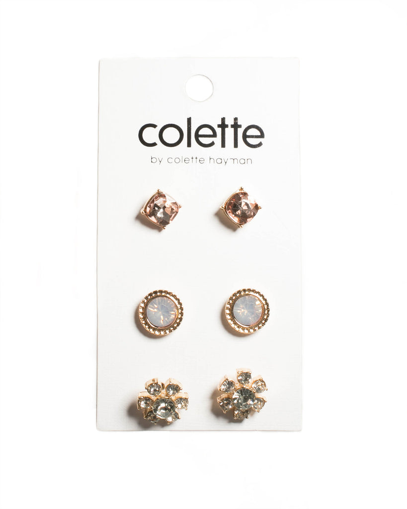 Gold Tone Flower Diamante Stone Stud Earring Pack