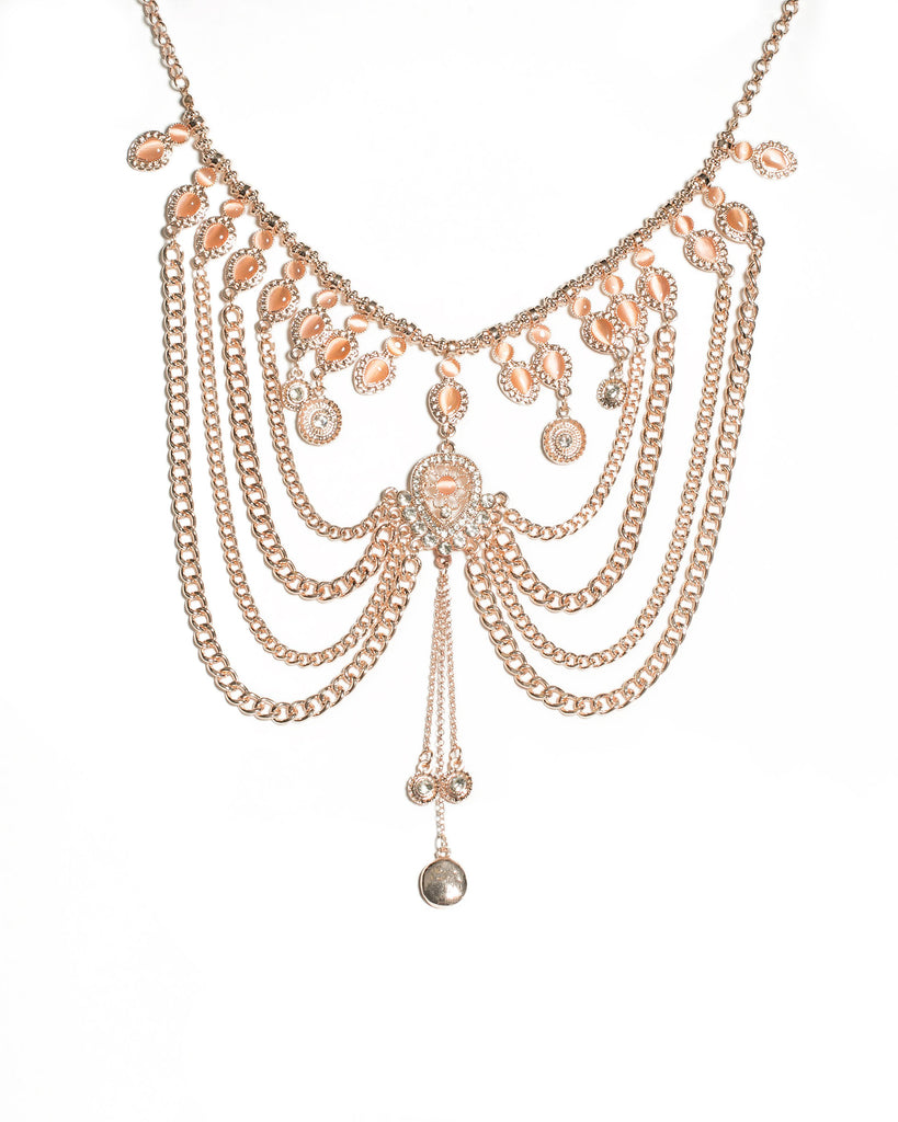 Peach Rose Gold Tone Chain And Stone Loop Choker