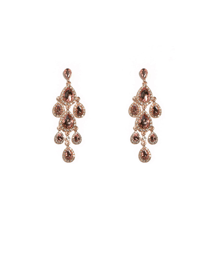 Pink Rose Gold Tone Pear Diamante Tiered Statement Earrings