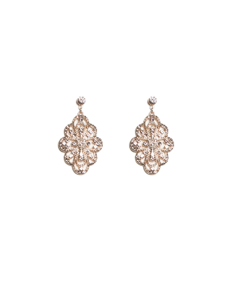 Pink Rose Gold Tone Filigree Stone Drop Earrings