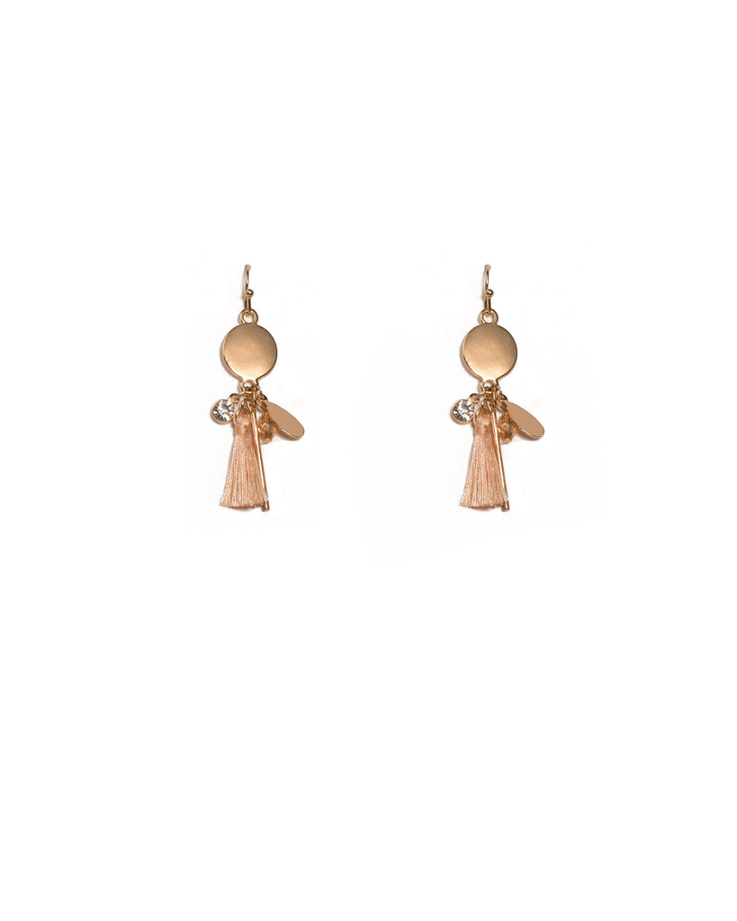 Pink Gold Tone Disc Tassel Charm Drop Earrings