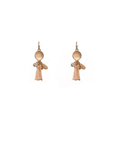 Pink Gold Tone Disc Tassel Charm Drop Earrings