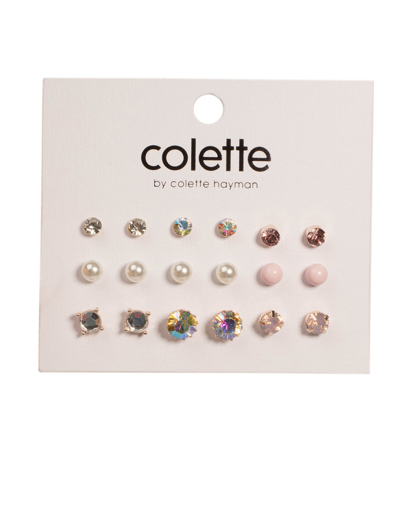 Crystal Rose Gold Tone Pearl Diamante Stone Earring Pack