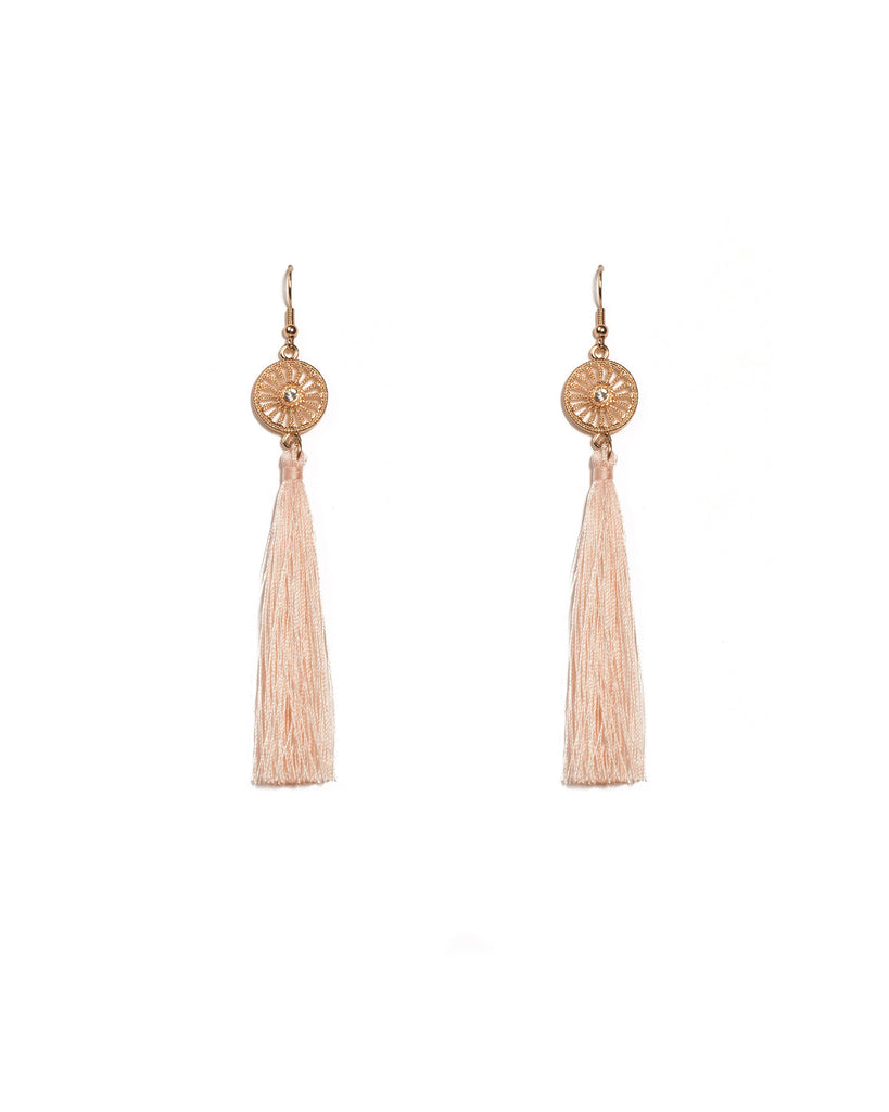 Pink Gold Tone Filigree Stone Tassel Drop Earrings