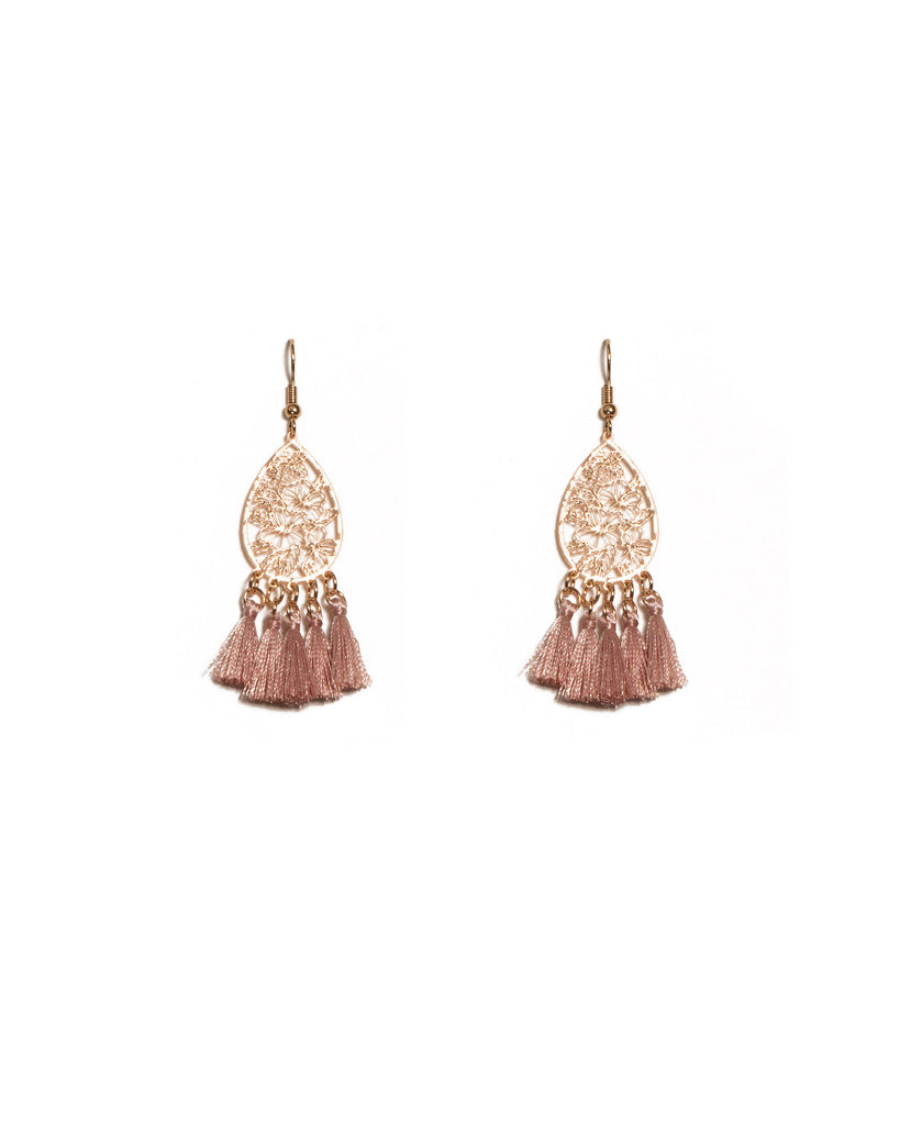 Dusty Pink Gold Tone Filigree Mini Tassel Earrings