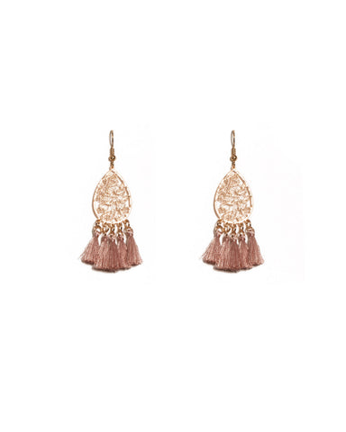 Dusty Pink Gold Tone Filigree Mini Tassel Earrings