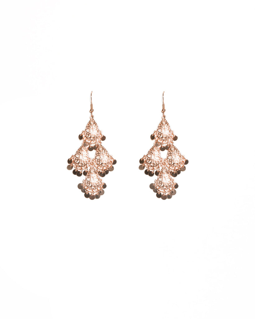 Rose Gold Tone Tiered Filigree Teardrop Earrings