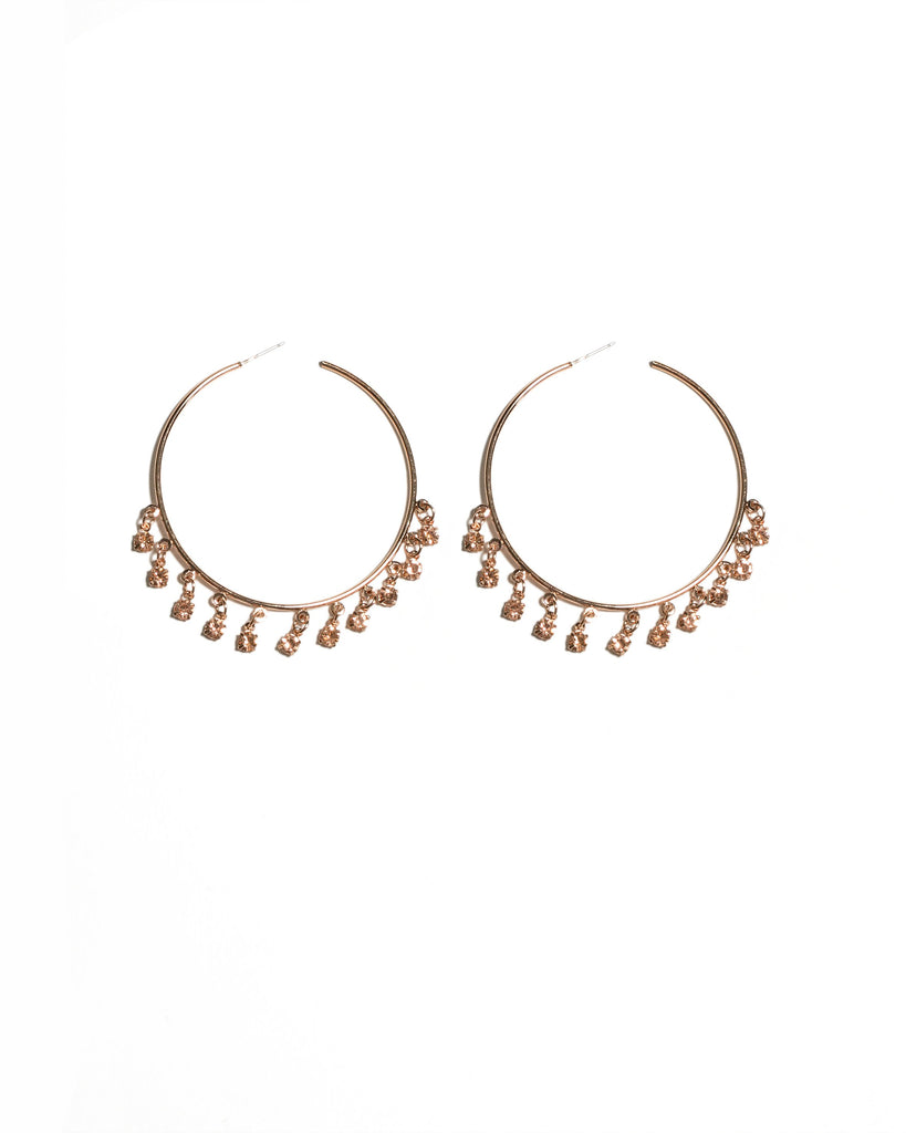 Rose Gold Tone Round Diamante Charms On Hoop Earrings