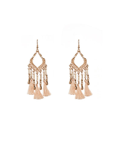 Pink Gold Tone Filigree Beaded Tassel Statement Earrings