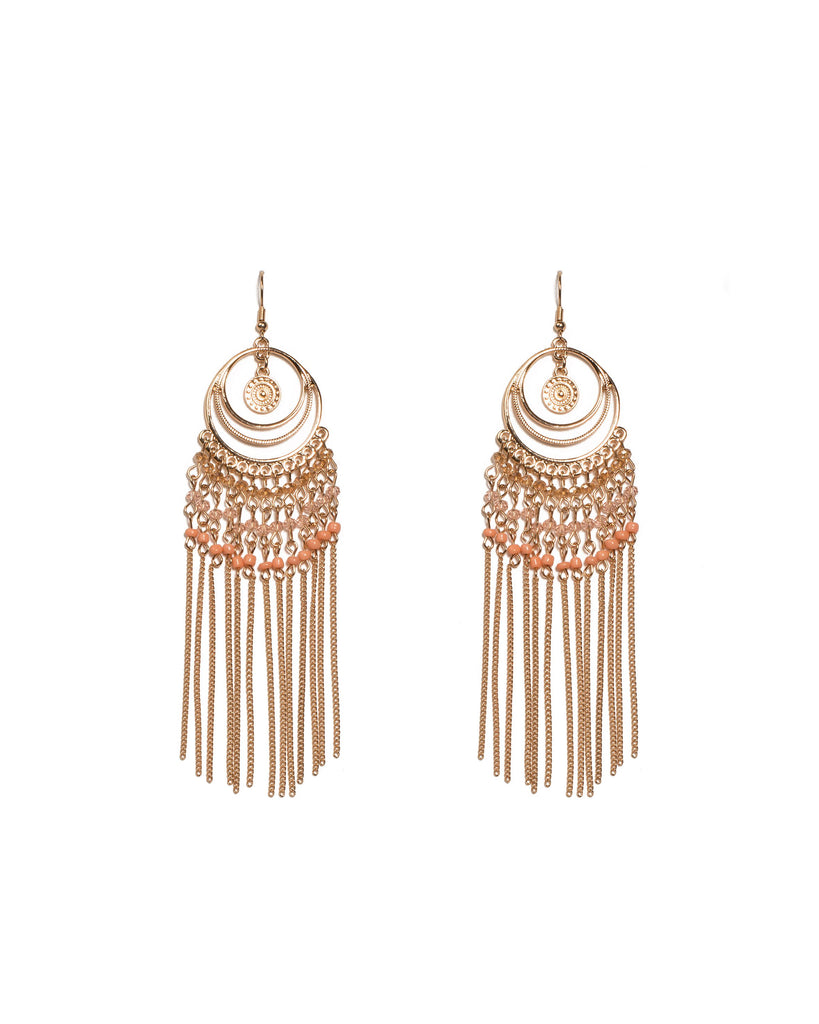 Peach Gold Tone Circle Tassel Chain Statement Earrings