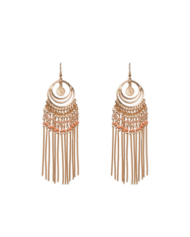 Peach Gold Tone Circle Tassel Chain Statement Earrings
