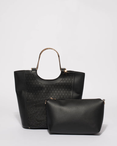 Black Claire Metal Handle Tote Bag