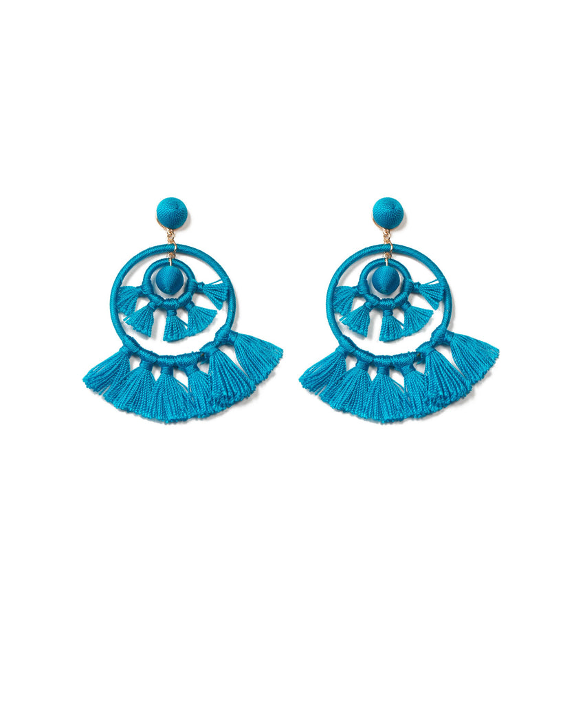 Blue Gold Tone Fabric Wrap Tassel Statement Earrings