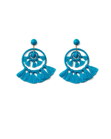 Blue Gold Tone Fabric Wrap Tassel Statement Earrings