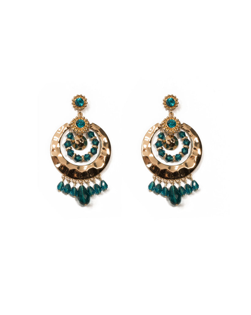 Blue Gold Tone Circle Disc Stone Bead Statement Earrings