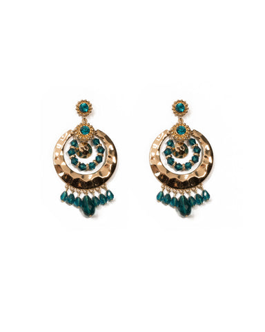 Blue Gold Tone Circle Disc Stone Bead Statement Earrings