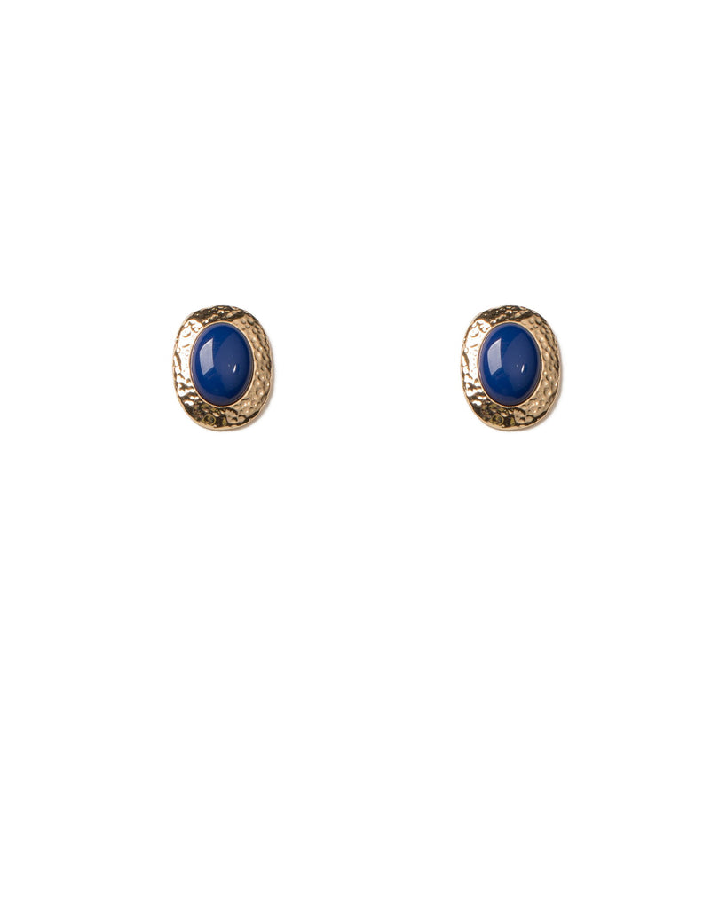 Blue Gold Tone Oval Stone Hammered Stud Earrings