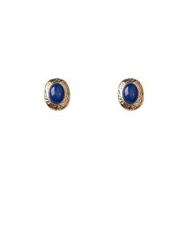 Blue Gold Tone Oval Stone Hammered Stud Earrings