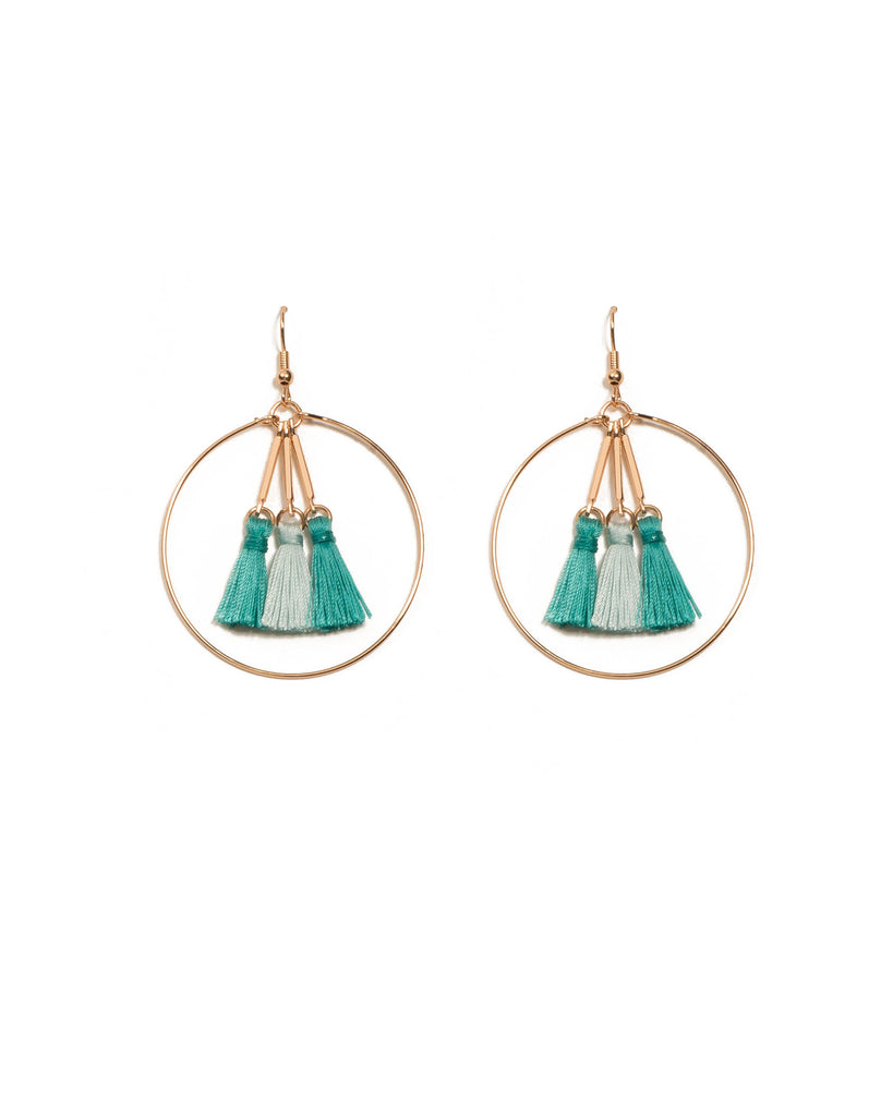 Blue Gold Tone Multi Tassel In Circle Earrings