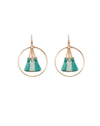 Blue Gold Tone Multi Tassel In Circle Earrings