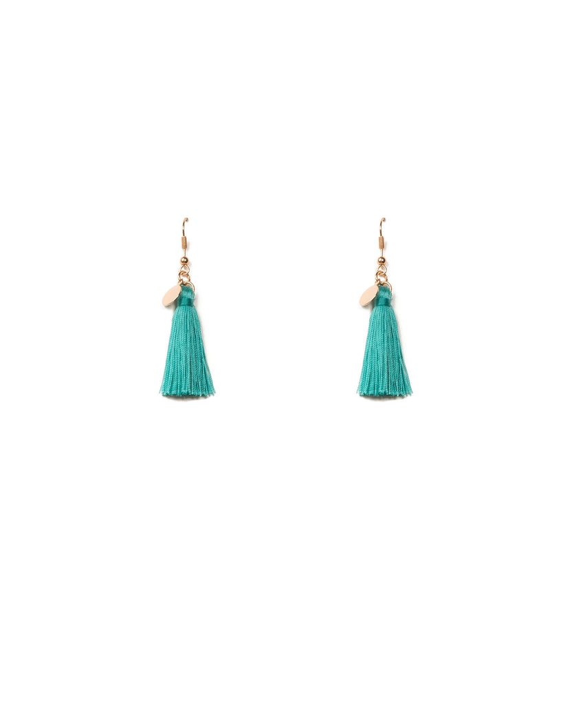 Blue Gold Tone Circle Disc Mini Tassel Earrings
