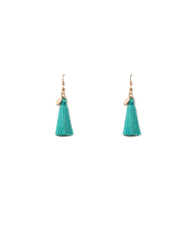 Blue Gold Tone Circle Disc Mini Tassel Earrings
