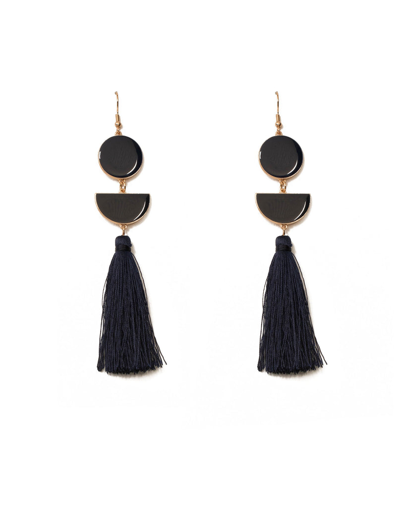 Navy Gold Tone Enamel Geometric Tassel Drop Earrings