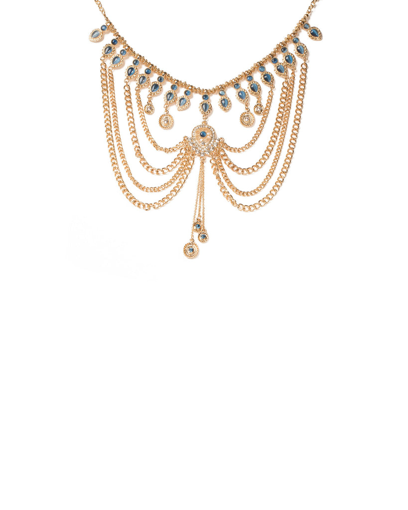Blue Gold Tone Stone And Chain Choker Loop Necklace