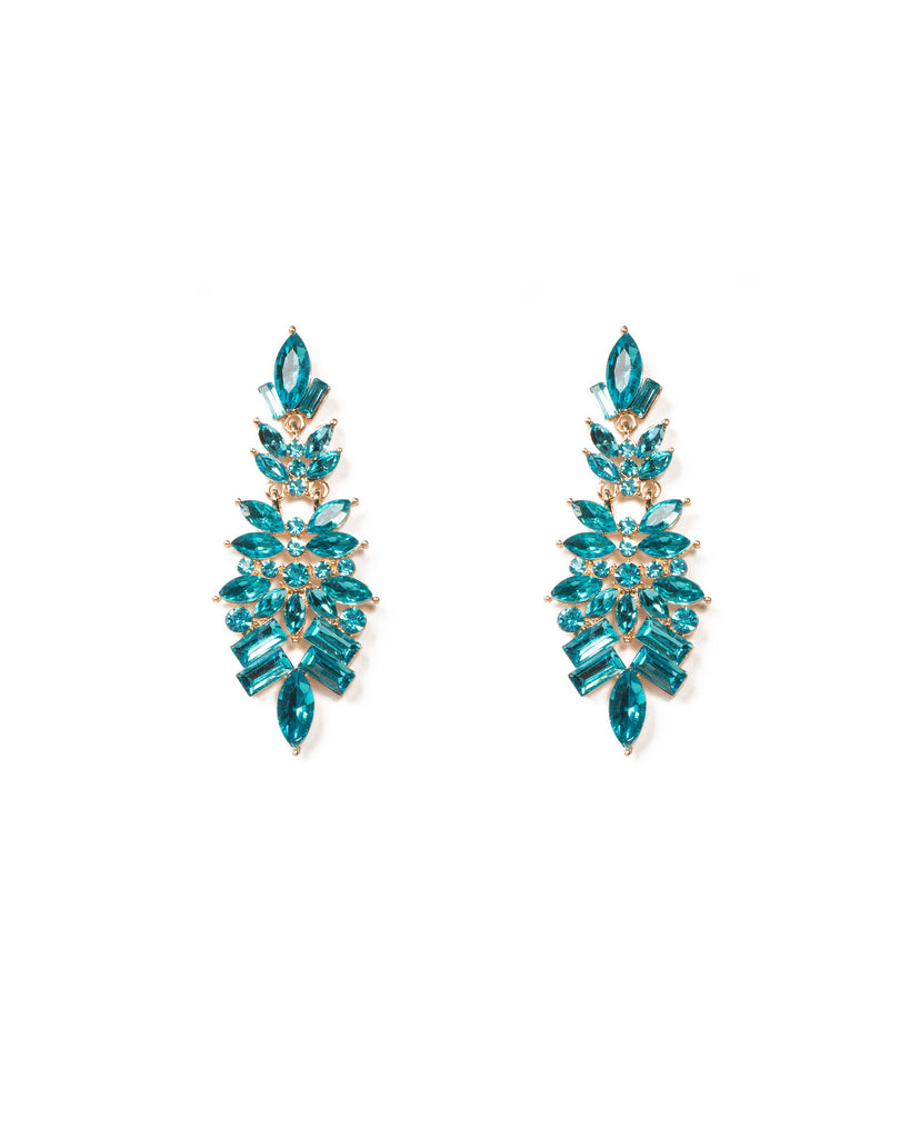 Blue Gold Tone Statement Baguette Stone Drop Earrings