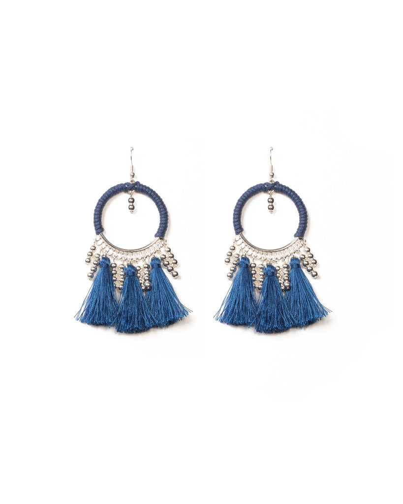 Blue Silver Tone Third Loop Tassel Earrings