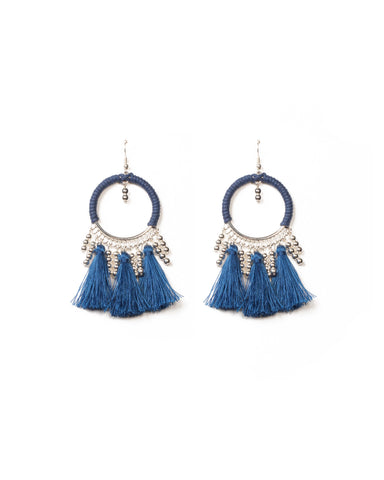 Blue Silver Tone Third Loop Tassel Earrings