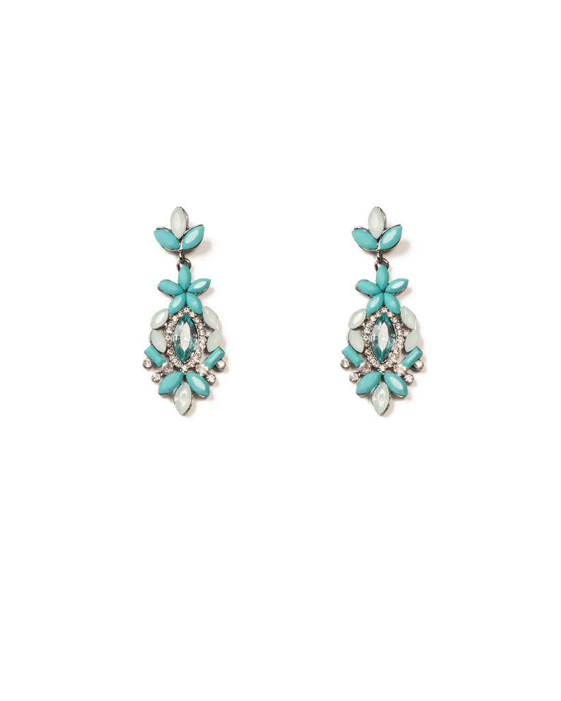 Blue Gunmetal Tone Drop Stone Statement Earrings