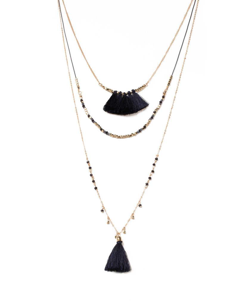 Blue Gold Tone Tassel Beaded Two Row Necklace