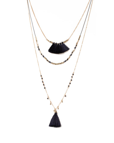 Blue Gold Tone Tassel Beaded Two Row Necklace