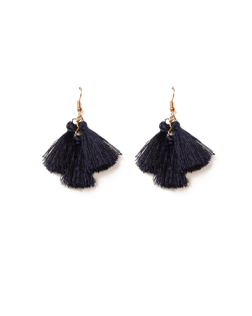 Navy Gold Tone Tassel Tiered Drop Earrings