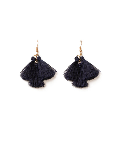 Navy Gold Tone Tassel Tiered Drop Earrings