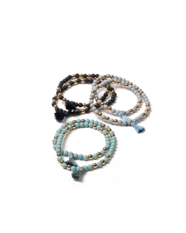 Blue Gold Tone Beaded Tassel Stretch Wristwear