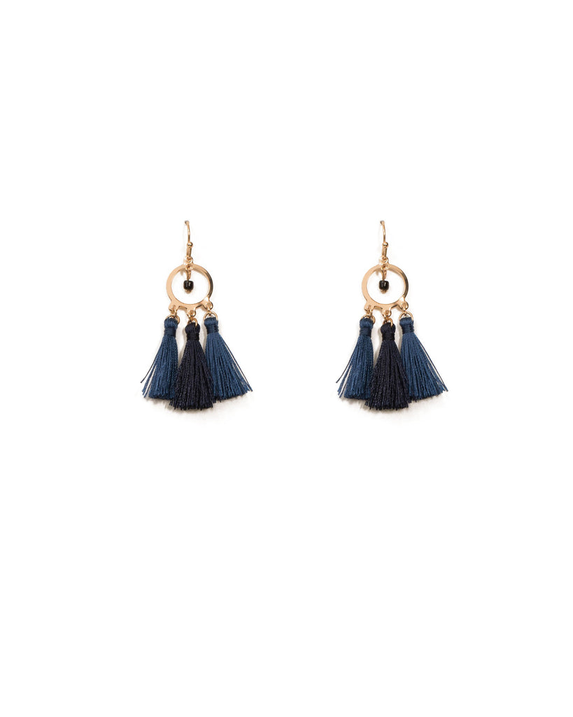 Blue Gold Tone Tassel Bead Circle Drop Earrings
