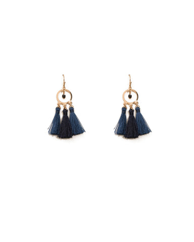 Blue Gold Tone Tassel Bead Circle Drop Earrings