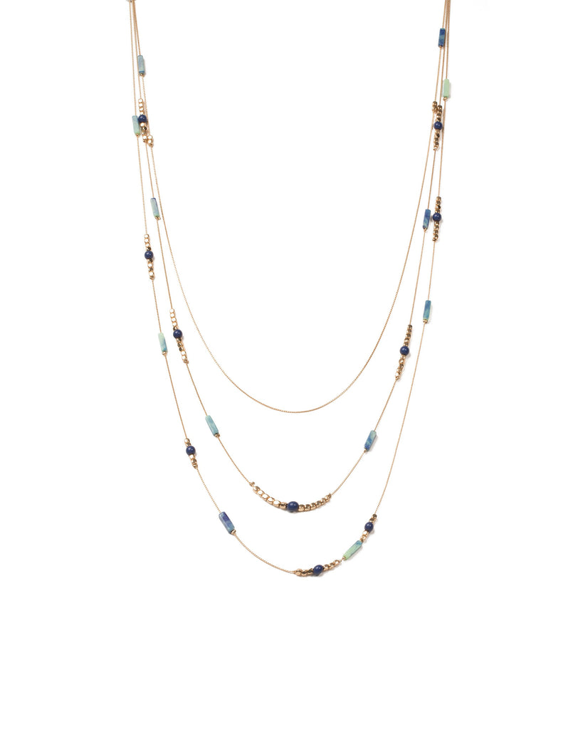 Blue Gold Tone Bar Beaded Multi Row Necklace