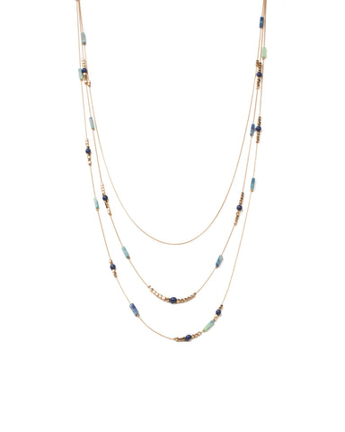 Blue Gold Tone Bar Beaded Multi Row Necklace