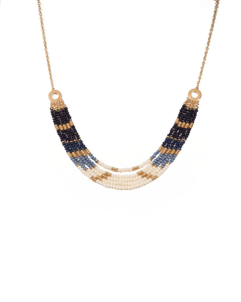Blue Gold Tone Beaded Multi Row Necklace