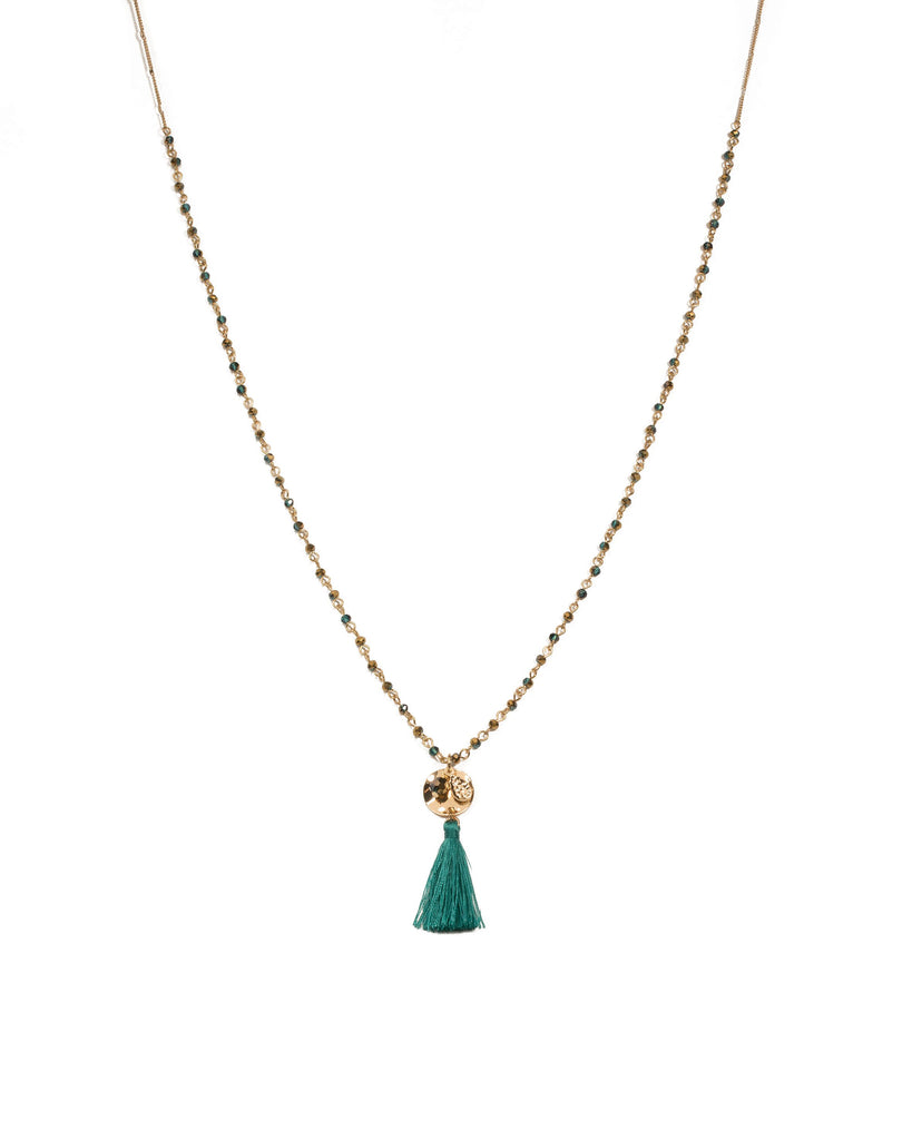 Teal Gold Tone Fine Bead Tassel Necklace
