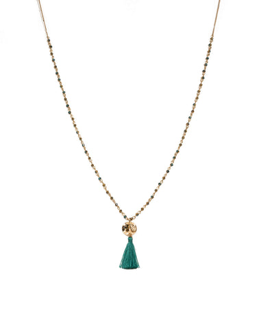 Teal Gold Tone Fine Bead Tassel Necklace